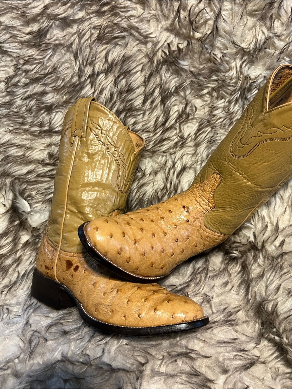 Tony Lama Two-Tone Tan and Olive Full QUIL Ostrich & Leather Western Boot Sz 8 E